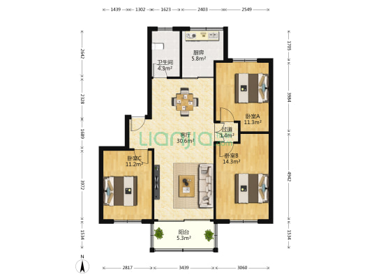 交通学院宿舍 3室1厅1卫 100平方