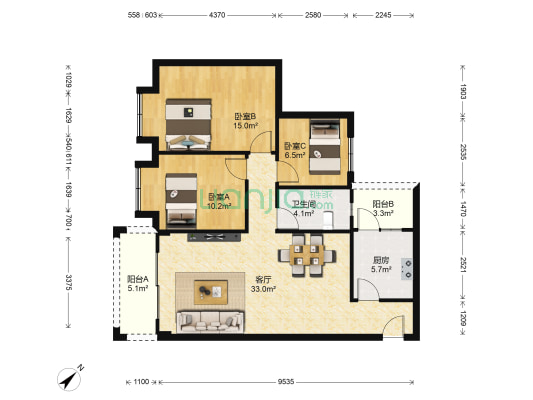 荷景花园丽景居 3室1厅1卫 95平方
