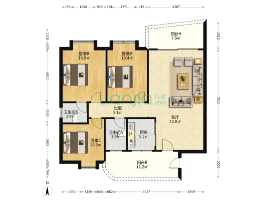 华怡花园 3室1厅2卫 118平方