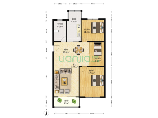 和谐汇景新苑 3室2厅1卫 114平方