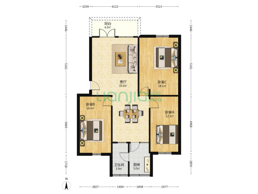 金晖花园 3室1厅1卫 103平方
