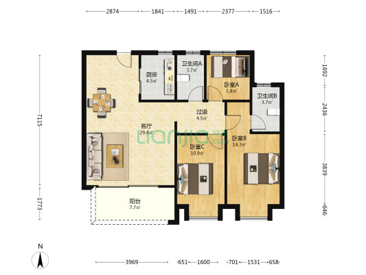雅戈尔江上云境 3室1厅2卫 112平方