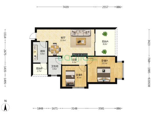 南宁市第二中学家属院 2室1厅1卫 89平方