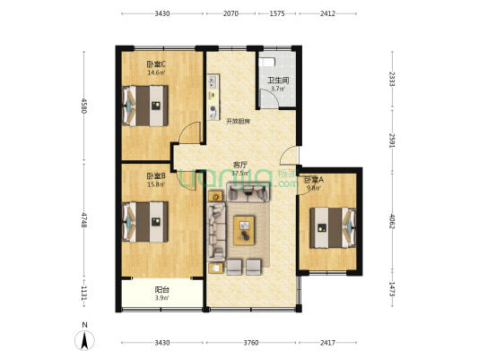 珠江路(浦口) 3室1厅1卫 106平方