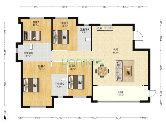 中联悦融庄 4室1厅3卫 155平方