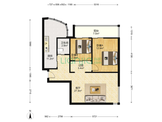朝阳广场 2室1厅1卫 87平方
