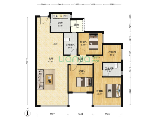 华润置地天府幸福里 3室1厅2卫 119平方