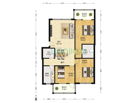 华兴园 3室1厅2卫 116平方