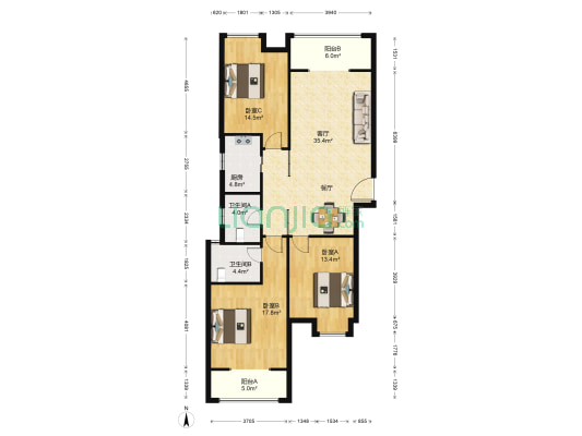 升龙城11号院 3室1厅2卫 142平方