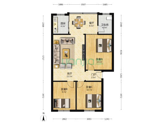 沙龙路二段 3室2厅1卫 93平方