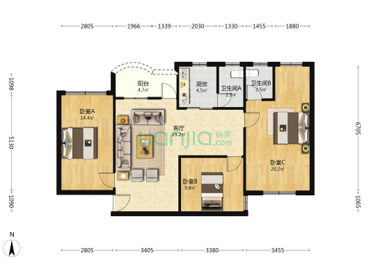 明霞大道中 3室1厅2卫 93平方