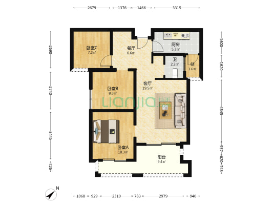 绿优城 3室2厅1卫 84平方