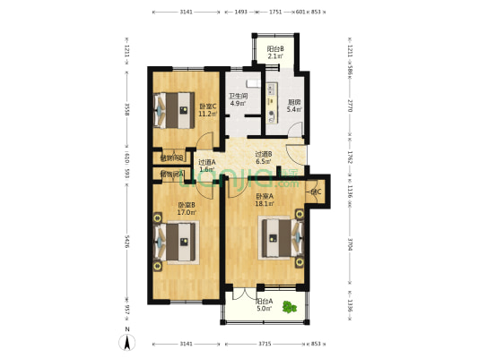 北线阁5号院 3室0厅1卫 98平方