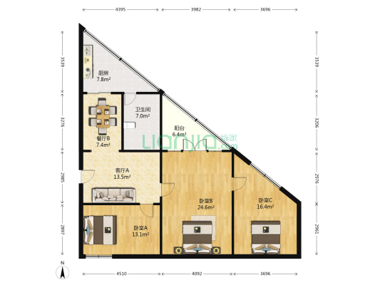 堰塘街3号院 3室2厅1卫 115平方