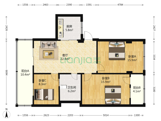 富柏大厦 3室1厅1卫 93平方