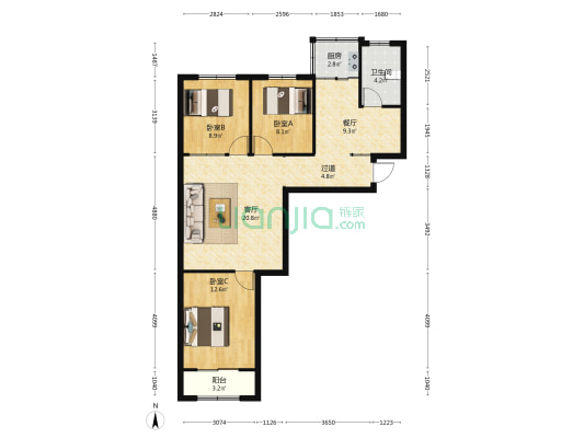 天兆华庭 3室2厅1卫 91平方