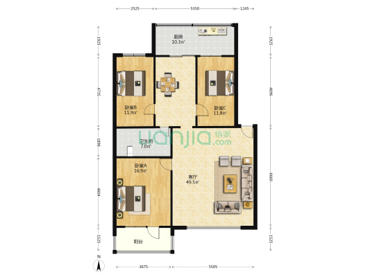 省行 3室1厅1卫 129平方