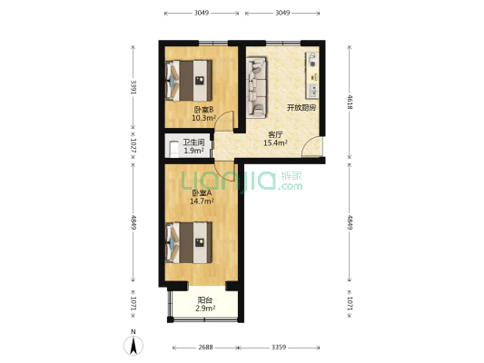 横五条2号院 2室1厅1卫 56平方