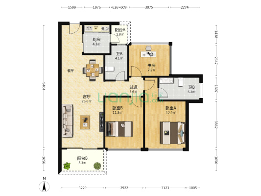 龙光玖龙郡 3室1厅2卫 97平方