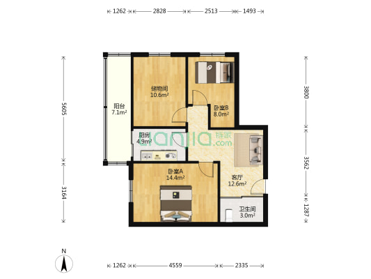 园林宿舍 2室1厅1卫 72平方