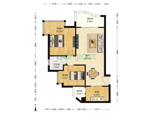 米兰天空 3室1厅1卫 86平方