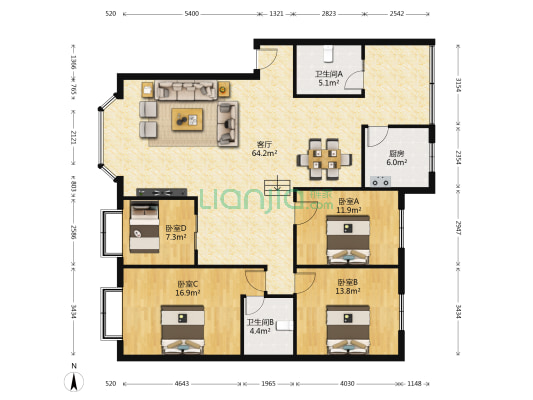竹乡苑 4室1厅2卫 148平方