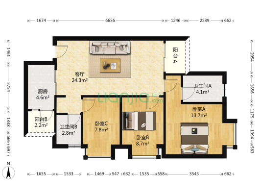 花果园W1区 3室1厅2卫 89平方