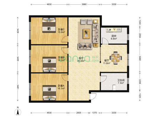 戴店小区 3室2厅1卫 128平方