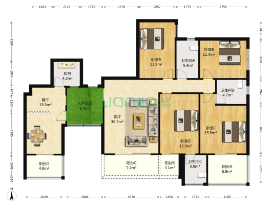 龙湖春森彼岸 4室2厅3卫 170平方