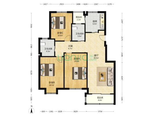 守望家园 3室1厅2卫 116平方