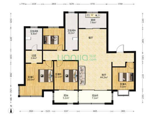 现代锦城 4室1厅2卫 184平方