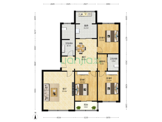 新奥世纪花园 3室2厅2卫 141平方