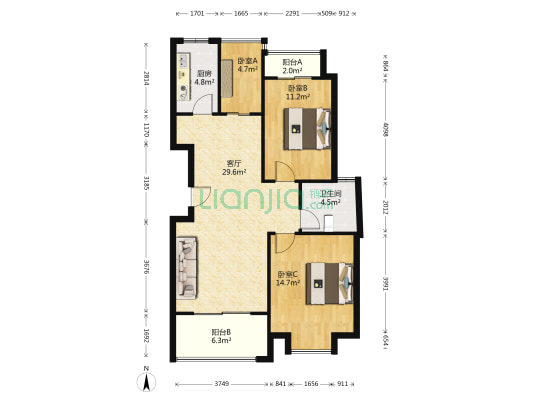 住开盛世长江 3室1厅1卫 96平方