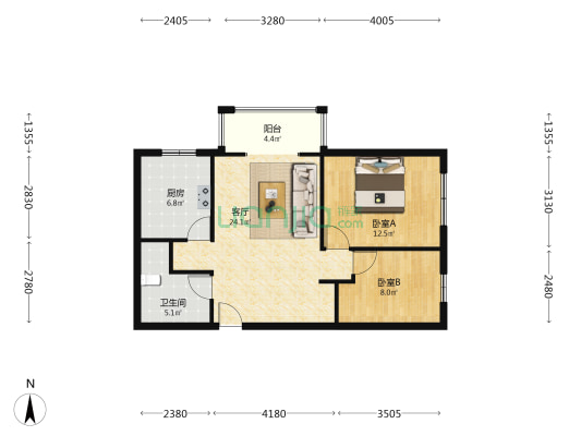 政法街 德信公园 拎包入住两居室 总价低税费低-户型图