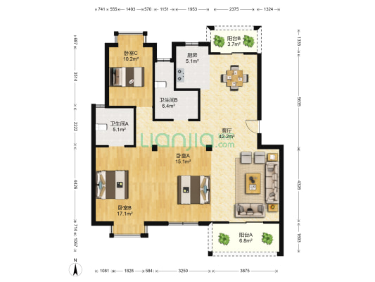 月半湾小区南区 3室1厅2卫 120平方