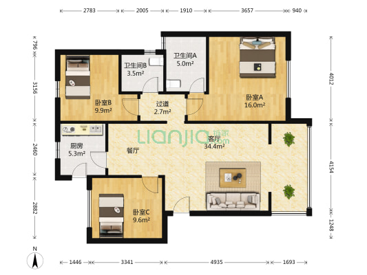 城南星座 3室1厅2卫 110平方