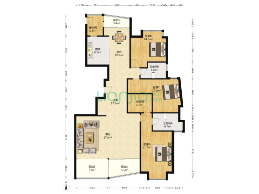 白领公寓 3室2厅2卫 216平方