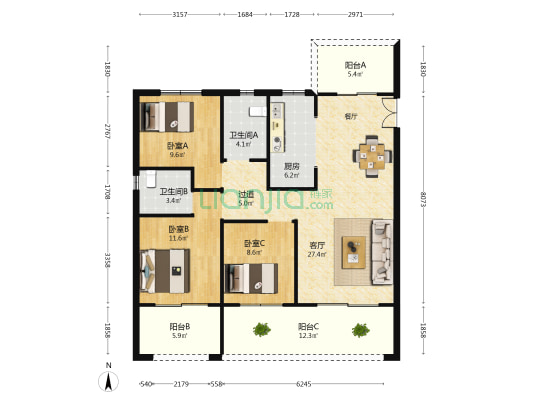 常绿金水宸院 3室1厅2卫 125平方