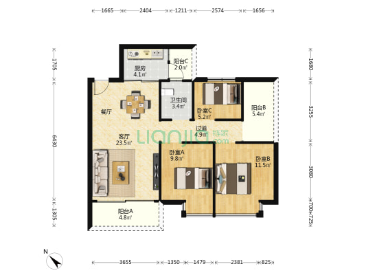 藤业富林广场一二区 3室1厅1卫 86平方