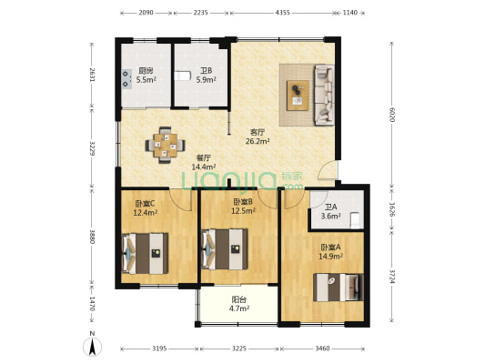恒山花苑 3室2厅2卫 114平方