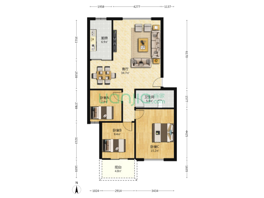泰时三湘金地 3室1厅1卫 85平方
