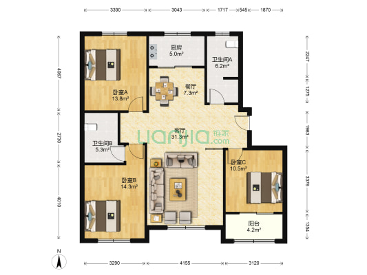 书香世家 3室2厅2卫 129平方