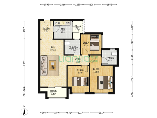 东原江山印月 3室1厅2卫 89平方