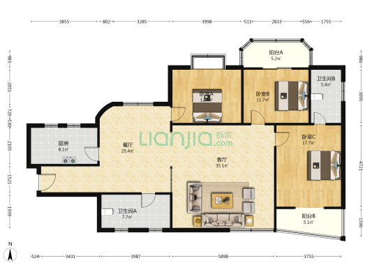 华冠庄园 3室2厅2卫 162平方