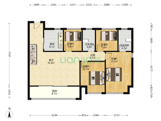 天宸云筑 4室1厅2卫 126平方