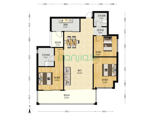 招商时代公园天澜境A区 3室1厅3卫 137平方