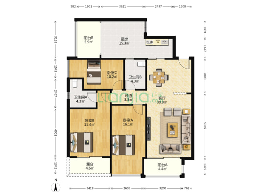 上游福地小区 3室1厅2卫 118平方