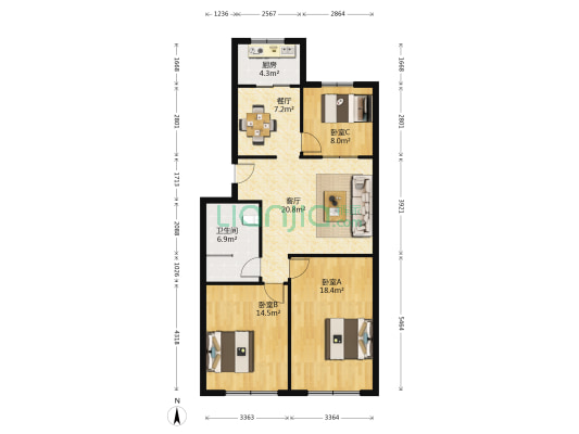 侯园小区 3室2厅1卫 101平方
