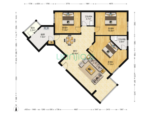 密东广场（东区） 3室1厅2卫 154平方