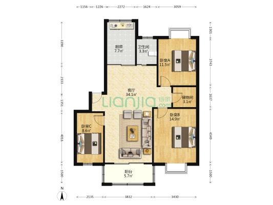 紫苑 3室1厅1卫 107平方
